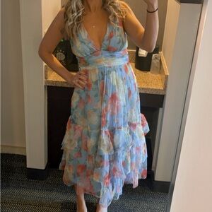 Perfectly Divine Blue Floral Tulle Tiered Ruffled Midi Dress (broken zipper)